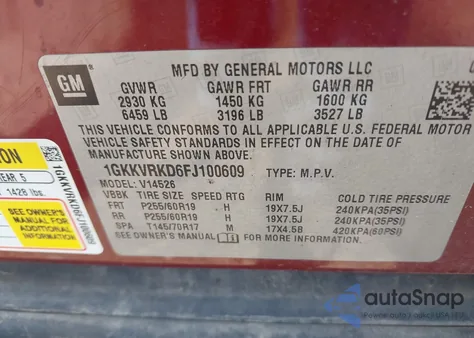 2015 GMC Acadia Slt-1 from USA, damaged, VIN 1GKKVRKD6FJ100609